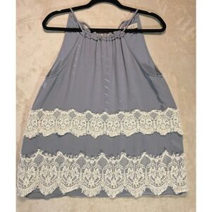 LOFT Gray Lace Trim Sleeveless Blouse Women's Small Tank Top Flowy Boho Romantic